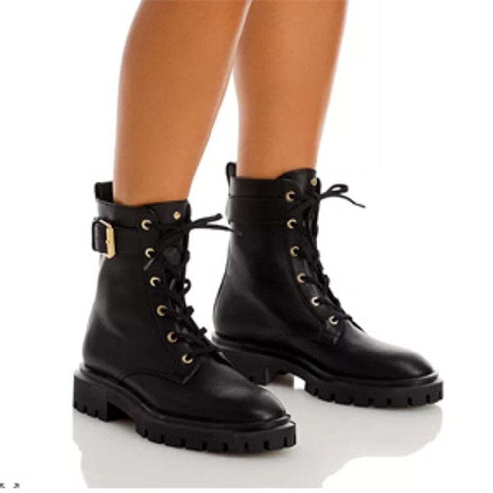 Stuart Weitzman Ultra Lug Sole Buckle Combat Boots Lace Up Leather Going Out 10